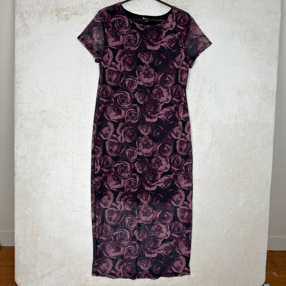 No Boundaries Purple Rose Floral Mesh Overlay Midi Dress Juniors Large 12-14 New